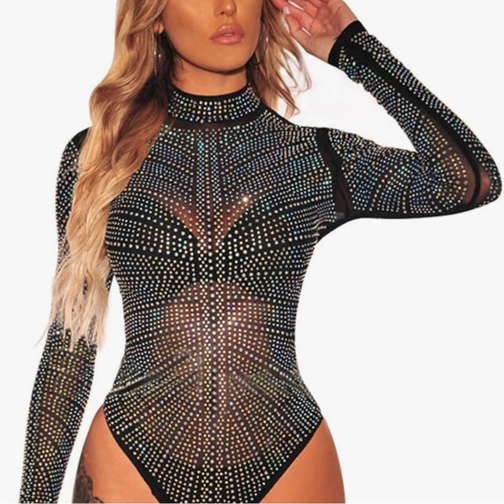 Mock neck Sheer Rhinestone Gem Sparkle Studded Longsleeve Body Suit